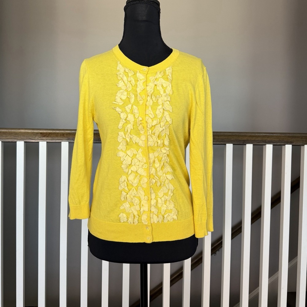 J Crew Cashmere Cotton Yellow 3/4 Sleeve Cardigan Sweater Small Y2K 90s Luxury
